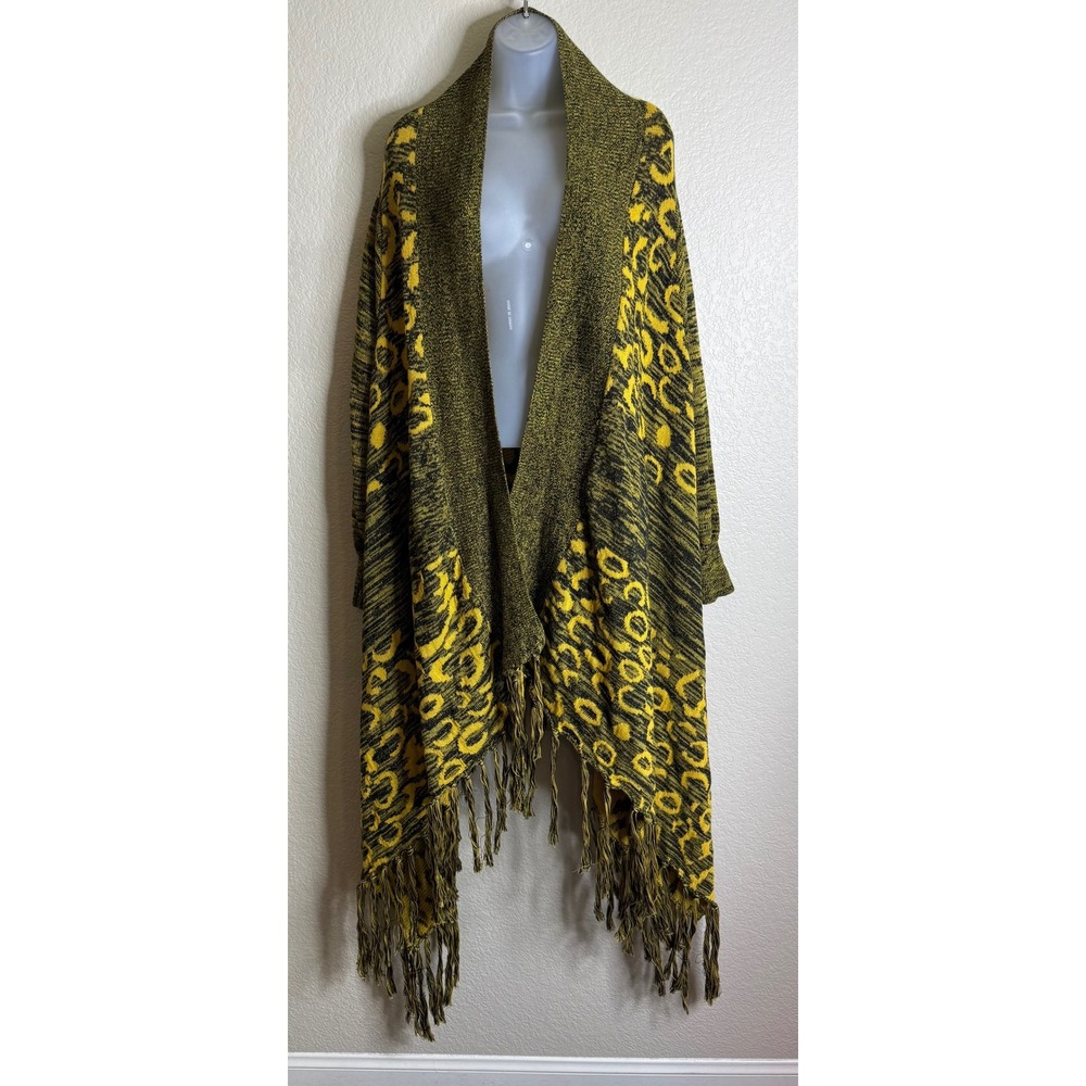 Ashley Stewart Womens 18/20 Cardigan Yellow Black Leopard Print Fringe Shawl